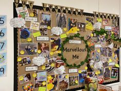 a bulletin board covered in pictures and magnets with the words marvelous me written on it