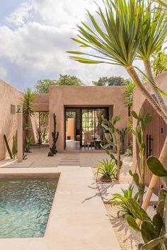 a house with a pool in the middle of it and lots of greenery on either side