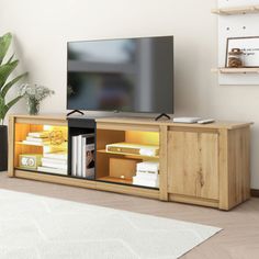 a flat screen tv sitting on top of a wooden entertainment center next to a potted plant