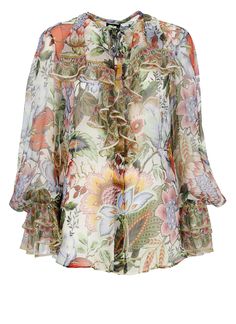 100% Silk Designer Silk Tops For Spring, Designer Silk Tops With Ruffles, Luxury Multicolor Silk Tops, Designer Spring Tops With Ruffles, Designer Ruffled Tops For Spring, Designer Ruffle Tops For Spring, Luxury Long Sleeve Tops With Floral Print, Luxury Long Sleeve Floral Print Tops, Designer Ruffled Summer Tops