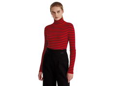 LAUREN Ralph Lauren Striped Cotton-Blend Turtleneck Sweater - Women's Clothing : Lipstick Red/Polo Black : LAUREN Ralph Lauren Striped Cotton-Blend Turtleneck Sweater is a turtleneck sweater is elevated by timeless stripes and Lauren's iconic logo. It's spun from a stretch-infused cotton blend for a soft hand and a figure-hugging silhouette. Slim fit. Intended to hit at the hip. Turtleneck with long sleeves. LRL-engraved metal logo at the right hem. 60% cotton, 40% modal. Machine washable. Impor Classic Winter Tops With Contrast Stripes, Striped Stretch Turtleneck Top, Winter Workwear Tops With Contrast Stripes, Classic Fall Tops With Contrast Stripes, Ralph Lauren Sweater Women, Red Striped Sweater, Cable Knit Turtleneck Sweater, Red Polo, Ribbed Turtleneck Sweater