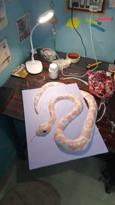 a large snake is on the table next to a lamp and other items that have been placed around it