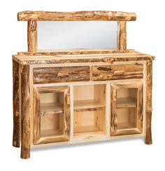 a wooden dresser with drawers and mirror on it's side, in front of a white background