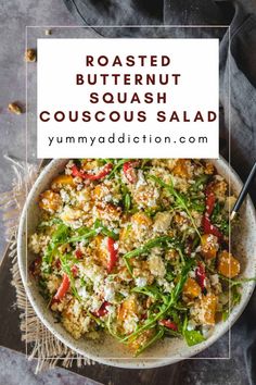 roasted butternut squash couscous salad in a white bowl