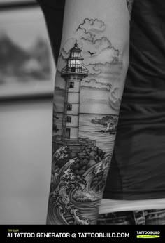 a man with a lighthouse tattoo on his arm