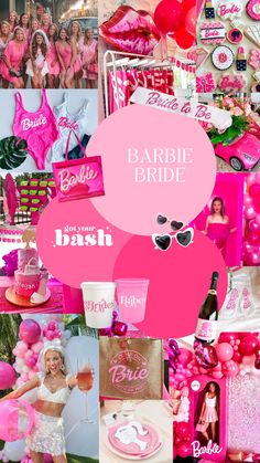 barbie party collage with pink and white decorations