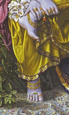 a painting of a woman in yellow dress with flowers on her feet and an elaborate bracelet around her neck