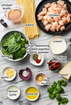 ingredients to make chicken pasta laid out on a marble counter top with text overlay