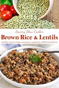 brown rice and lentils in a white bowl