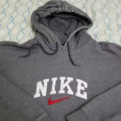 Vintage Nike Center Swoosh Spellout Hoodie Gray Embroidered Logo Check Gray Red White Size Xxl 2xl Distressed Has Some Bleach And Paint Marks On The Sleeves Has Some Distressing On The Sleeve Cuffs Rare Hoodie True Vintage From The 90s Cool Gray Colorway With White Nike Spellout And Red Swoosh Embroidered On The Front Really Unique Piece Measurements: -Pit To Pit: 27 Inches -Collar To Bottom Seam: 28 Inches Nike Center Swoosh Hoodie, Old Nikes, 90s Nike, White Nike, Nike Hoodie, The 90s, Grey Hoodie, Vintage Nike, White Nikes