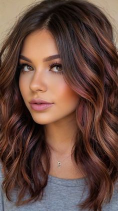 Fall Hair Color For Dark Brown Hair 🌰 Shades Of Red Highlights, Fall Hair For Tan Skin, Burgundy Brown Highlights, Burnett Fall Hair Color, Fall Hair Colors Long Hair, Dark Brown Hair Pale Skin Green Eyes, Fall Medium Length Hair Brunette, Mocha Brown Hair Short, Autumn Color Palette Hair Colors