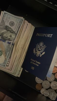 a passport sitting on top of a pile of money next to stacks of pennets