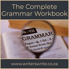 a magnifying glass over an open book with the title, the complete grammar workbook