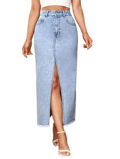 "DIY Distressed Denim Skirt: A Step-by-Step Guide" Midi Jean Skirt, High Waist Denim Skirt, Jean Skirts, Midi Jeans, High Waisted Denim Skirt, Denim Skirt Outfits