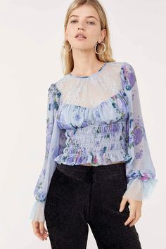 Daphne Blouse Silver Blue Combo, Long Blouse by Free People | LIT Boutique Free People Blouse, Gorgeous Blouses, Flare Sleeves, Floral Print Blouses, Lace Panelled, Boho Blouses, Embroidered Top, Blue Blouse, Silver Blue