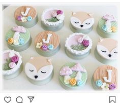 there are many cupcakes decorated with animals and flowers on the top one is for a baby's first birthday