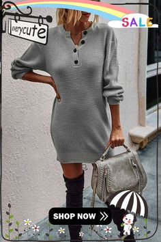 Soild Color Knitted Sexy Dress(3 Colors) Casual Knitted Mini Sweater Dress, Casual Gray Sweater Dress With Stretch, Casual Gray Stretch Sweater Dress, Gray Stretch Casual Sweater Dress, Women's Fashion Dresses, Fall Fashion, Sweater Dress, Autumn Fashion, Fashion Dresses