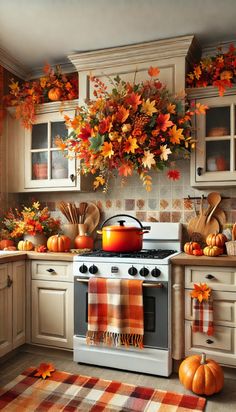 a kitchen filled with lots of fall decorations