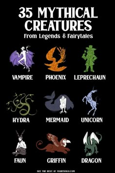 an image of mythical creatures and their names on a black background with the words, 25 mythical