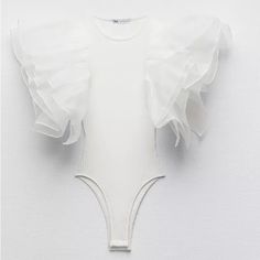 a white bodysuit with ruffles on the front and back, against a white background