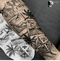 a man's arm with a compass and palm trees on it