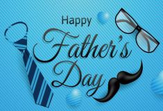 happy father's day card with glasses, tie and moustache on blue background