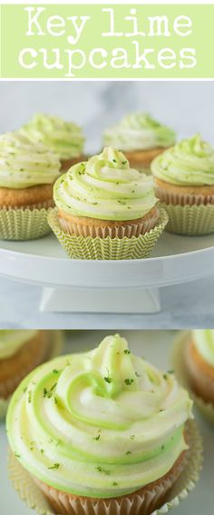 cupcakes with white frosting and green sprinkles are on a cake plate