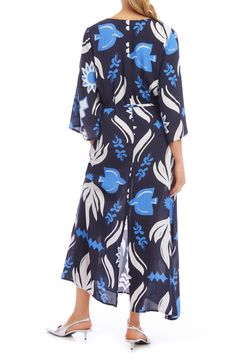 An arsty boho print and fluttery bell sleeves enhance the easygoing charm of a flowy maxi dress cinched by a slender waist tie. 53 1/2" length (size Small) Slips on over head V-neck Three-quarter sleeves Side-seam pockets Removable waist tie 100% viscose Dry clean Made in the USA of imported fabric Navy Print, Flowy Maxi Dress, Maxi Dress Navy, Boho Print, Printed Maxi, Nordstrom Dresses, Printed Maxi Dress, Three Quarter Sleeves, Quarter Sleeve