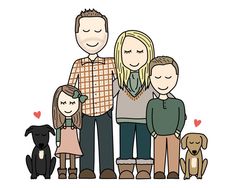 a family with two children and three dogs is standing in front of a white background