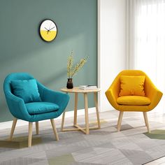 two chairs and a table in a room with a clock on the wall behind them