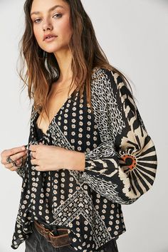 Elena Printed Top | Free People Boho Top Outfit, Free People Aesthetic, Open Shoulder Blouse, Exaggerated Sleeves, Dolman Sleeve Tops, Free People Black, Pink Print, Printed Design, Printed Blouse