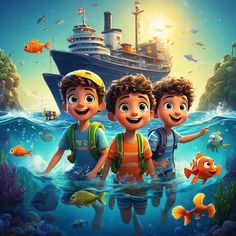 two boys are standing in the water with a ship in the background and fish around them