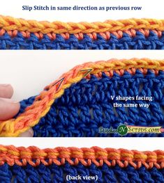 the crochet stitch is being worked on with two different stitches, one in orange and