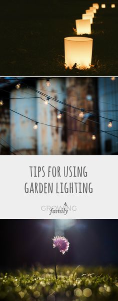 some lights that are lit up in the dark and on the ground, with text reading tips for using garden lighting