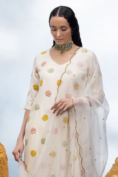 Ivory straight kurta with candy flower bead embroidery. Paired with a pant and dupatta with a scallop edged border. - Aza Fashions White Tissue Silk Traditional Wear With Floral Embroidery, White Floral Embroidered Palazzo Set For Wedding, Cream Gota Work Kurta For Reception, Cream Raw Silk Traditional Wear With Floral Embroidery, White Silk Set With Gota Work, Cream Traditional Wear With Floral Embroidery, White Raw Silk Sets With Floral Embroidery, Cream Dupatta With Pearl Embroidery In Traditional Drape, Wedding Palazzo Set With Floral Embroidery In Raw Silk