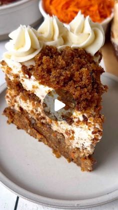 a piece of carrot cake on a plate with other desserts in bowls behind it