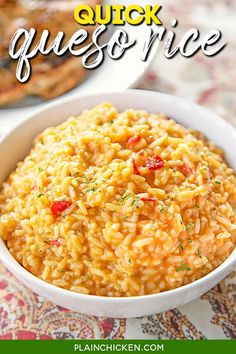 a close up of a bowl of rice with the words quick quies on it