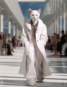 a cat in a white coat and dress walking down a runway with people behind it