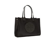 Tory Burch Ella Tote - Tote Handbags : Black : The Tory Burch Ella Tote is sophisticated and chic, the perfect bag for the office, travel, or everyday! Made of durable nylon with glossy coated handles and trim. Dual, rolled top carry handles made of patent leather. Magnetic snap closure. Gusset snaps provide expansion. Stacked logo. Cotton canvas lined interior features one zip and two slip pockets. Measurements: Bottom Width: 17 in Depth: 5 in Height: 13 in Handle Length: 21 in Handle Drop: 6 i Black Coated Canvas Bags For Work, Classic Nylon Shopping Bags, Nylon Tote Bag For Work, Tory Burch Ella Tote, Ella Tote, Tory Burch Ella, Handbags Black, Office Travel, Perfect Bag