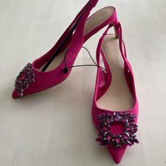 Zara Hot Pink Fuchsia Pointed Toe Sling-Back Pump With Gorgeous Top Ornament Glamorous Pink Slingback Pumps For Party, Glamorous Pink Pointed Toe Slingback Pumps, Glamorous Pink Slingback Pumps For Spring, Glamorous Pink Slingback Heels, National Pink Day, Sling Back, Zara Shoes, Evening Shoes, Slingback Pump