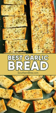 garlic bread cut into squares and placed on a baking sheet with the title text overlay