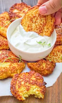 someone dipping some food into a bowl with ranch dressing on it and another photo of crab cakes in the background