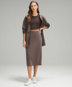 Feel it to believe it. From running errands to relaxed nights in, this lounge-worthy midi skirt dials up the softness. Designed for Casual. Hits below the knee to just above the ankle:Slim fit skims your body. Hand pockets with hidden card sleeve. Fitted Elastane Athleisure Skirt, Chic Mid-rise Relaxed Skirt, Relaxed Knee-length Skirt For Loungewear, Knee-length Relaxed Skirt For Loungewear, Non-stretch Winter Midi Skirt, Lululemon Skirt, Stretch Skirt, Dress Bra, Women Skirts Midi