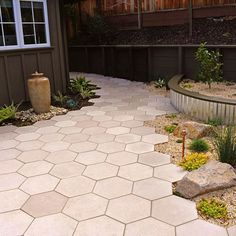 an outdoor patio with rocks and plants in the foreground, next to a house