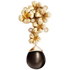 This Plum Blossom brooch is a unique sculptural piece made from 18 karat yellow gold, encrusted with 5 round diamonds and a removable cabochon smoky quartz drop. We use top natural diamonds, VS clarity and F-G color, and work with a German gems company that has been in the market since the 19th century. Such sculptural design adds extra highlights to the gold surface, making the light play brighter. The diamonds bring delicate blinks, and the open cabochon drop allows light to pass through the jewel. This piece is custom hand-made, and you can contact the artist to order it in white, rose, or black gold, as well as different gemstones such as topaz, garnet, rose or lemon quartz, or citrine. The collection also includes matching earrings and a ring. This limited edition jewellery piece coll Gold Swan, Bijoux Art Nouveau, Diamond Jewelry Necklace, Tiffany Jewelry, Diamond Quartz, Art Nouveau Jewelry, Gold Brooches, Brooch Jewelry, Plum Blossom