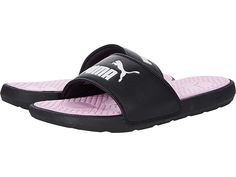 PUMA Cool Cat - Women's Shoes : Puma Black/Puma White/Pale Pink : Hit the pools or just get things done in comfort and ease sliding on the PUMA Cool Cat BX. These slip-on shoes are constructed with a wide logo padded strap and a textured, cushioned footbed to provide all-day comfort making them your new favorite slides. Lightweight, molded EVA outsole for traction and durable wear. Synthetic leather strap with padding and logo detailing. Imported. Measurements: Heel Height: 1 in Weight: 4 oz Pla Comfortable Slip-resistant Sports Slides, Comfortable Sporty Slides With Round Toe, Sporty Slides With Comfortable Fit And Round Toe, Adjustable Casual Sport Sandals, Sporty Cushioned Slide Sport Sandals, Casual Sports Slides Slip-on, Comfortable Sporty Synthetic Sport Sandals, Sporty Slide Sport Sandals With Cushioned Footbed, Comfortable Sporty Sandals With Textured Footbed