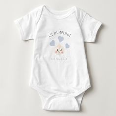 This cute and kawaii "lil dumpling" baby bodysuit features a dumpling with blue hearts on a white background. Personalize it for your needs. Personalized Baby Clothes, 1st Birthday Outfits, Oh Deer, Baby Bee, 1st Birthday Girls, Floral Baby, Baby Elephant, Baby Tshirts, Birthday Outfit