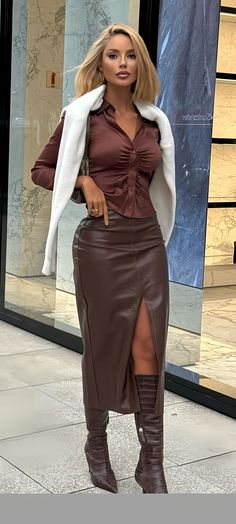 Fall Leather Mini Skirt, Leather Skirt Brown Outfit, Outfit Inspo For Blondes, Brown Boots And Skirt Outfit, Leather Skirt And Corset Outfit, Brown Holiday Outfit, Office Vixen Outfits, British Fall Fashion, High Fashion Winter Outfits