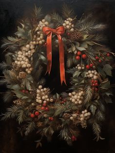 a painting of a wreath with berries, pine cones and red ribbon hanging from it