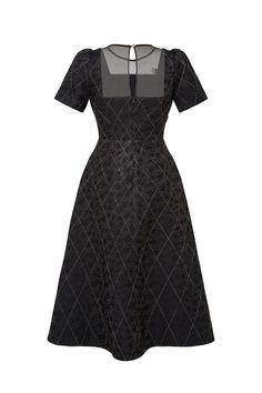 This dress offers a flattering silhouette and comfortable fit, making it perfect for any occasion. The A-line design compliments any body type while the round neck adds a touch of elegance. Crafted with high-quality brocade material, it is both stylish and durable. Elegant Black H-line Dress, Black Square Neck Dress For Gala, Elegant Knee-length Jacquard Dresses, Elegant Jacquard Dress With Fitted Bodice, Elegant A-line Jacquard Midi Dress, Knee-length Jacquard Evening Dresses, Chic A-line Occasion Wear Dresses, Chic A-line Occasion Dress, Evening Fitted Jacquard Dress